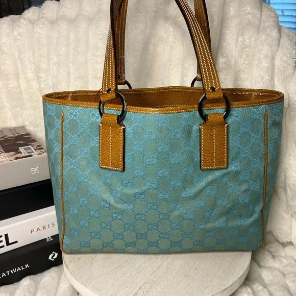 Gucci GG Blue Canvas Tote with Brown Leather Trim with COA - Picture 13 of 15